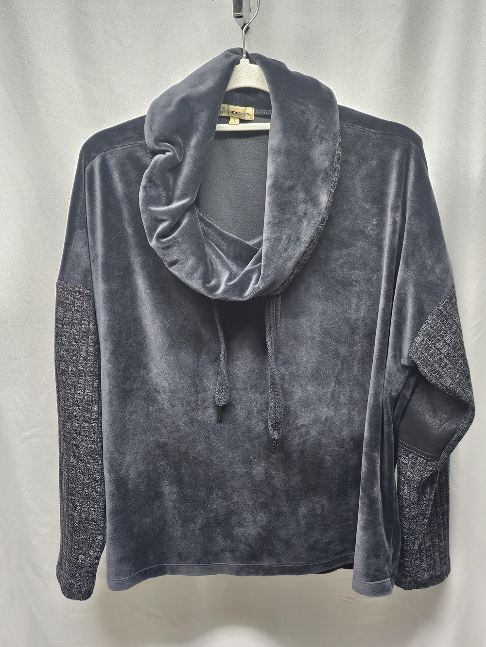 Democracy Slate Blue Velvet Cowl Sweater with Knit Sleeves